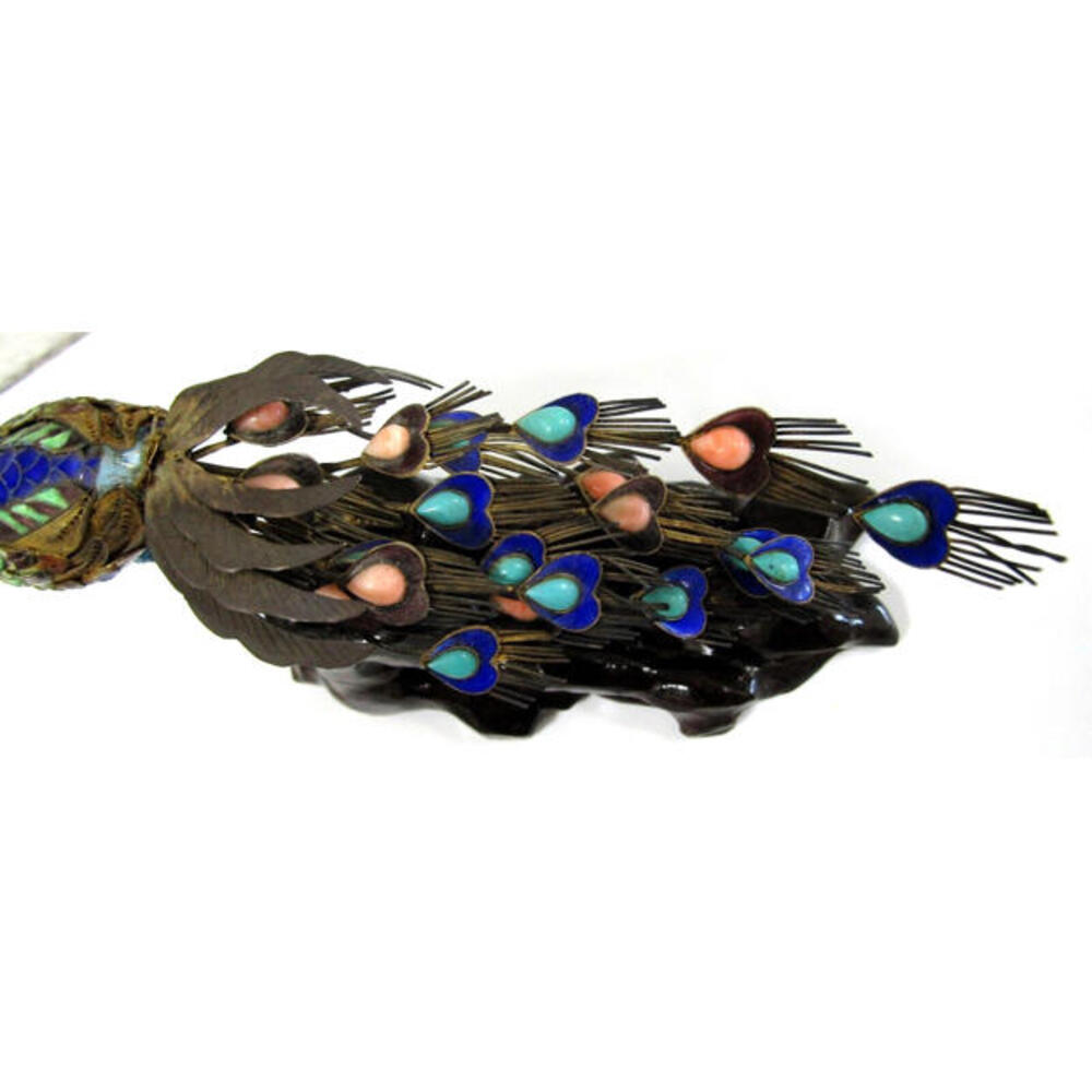 Antique Chinese Silver Gilt Cloisonne Jeweled Peacock Bird Sculpture 19th C. - Picture 10 of 16